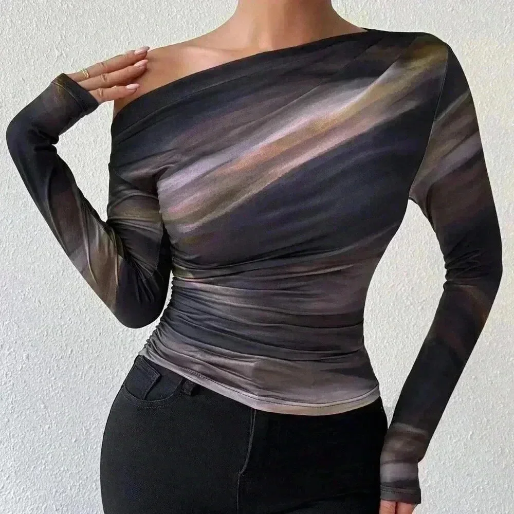 Casual Women's Marble Gradient Print Asymmetrical Neck top - Picture 4 of 6